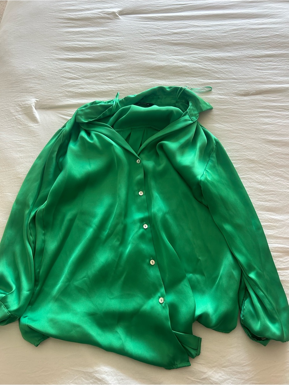 Zara Vibrant Green Satin Button-Down Shirt